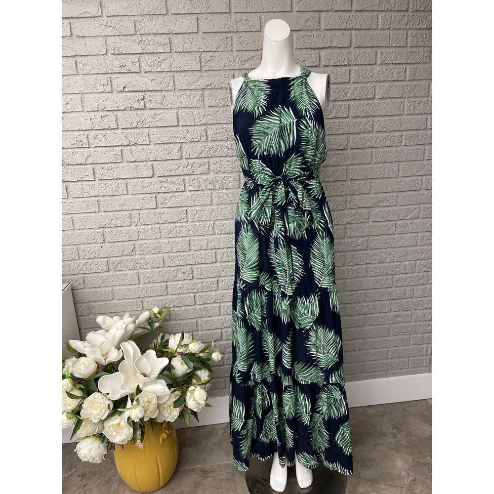 Dress Day Halter Palm Leaf Print Maxi Dress Size S